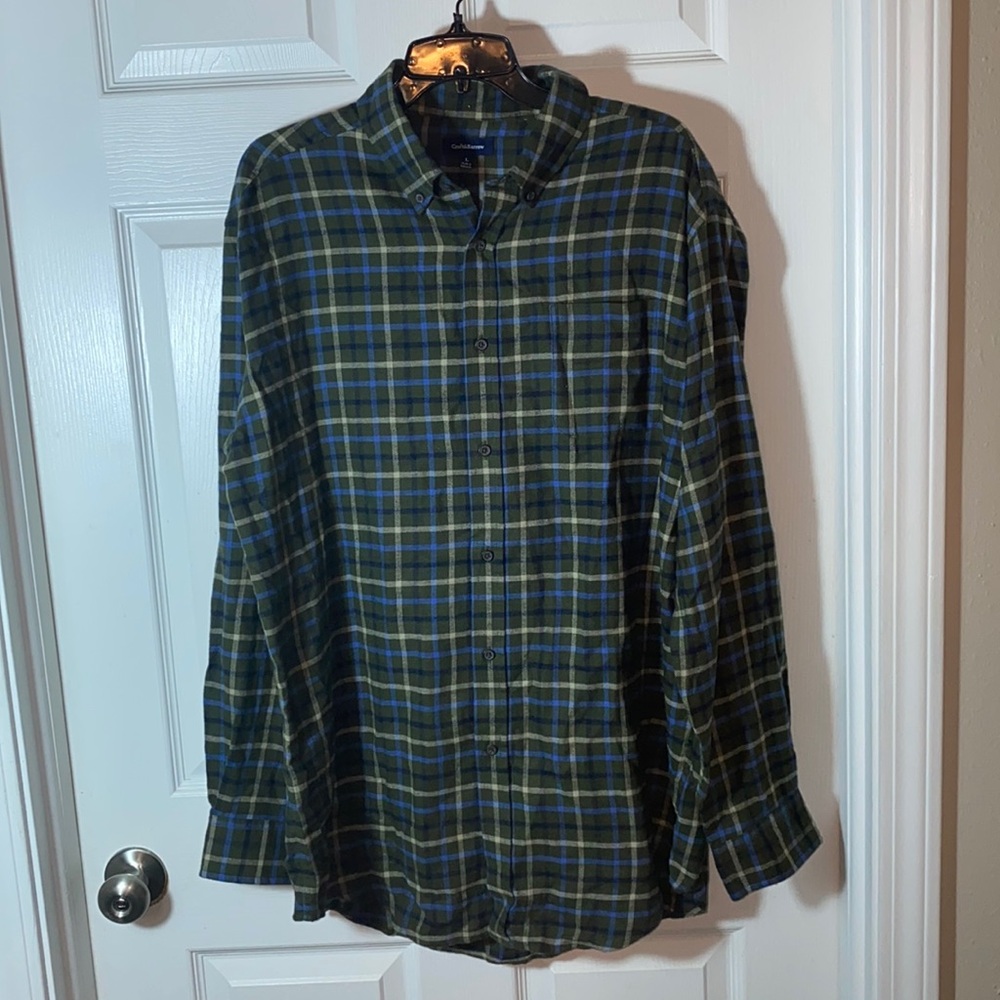 Croft &Barrow Men Flannel Green Plaid 100% Cotton Long Sleeve Button Down Shirt
